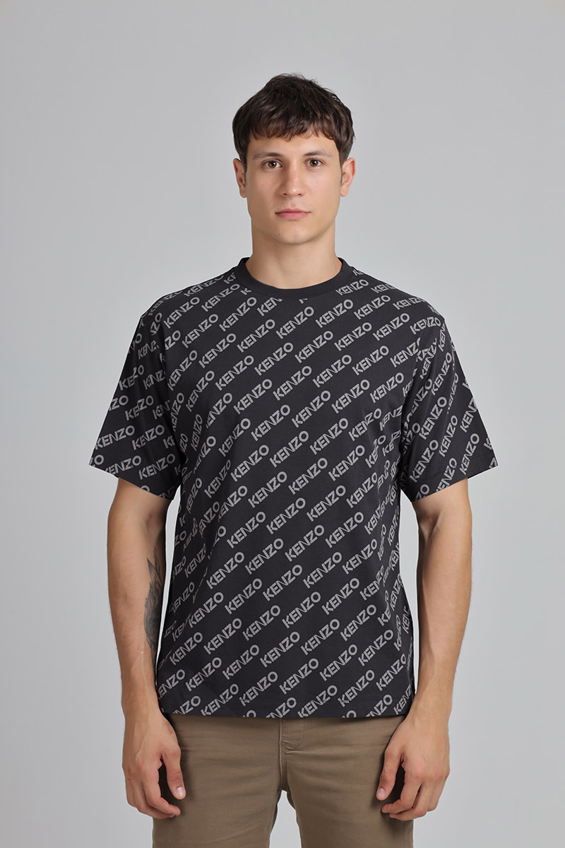 KENZO Men All Over Monogram Print Oversized T-Shirt in Black 0