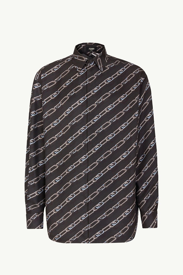 FENDI Men All Over O'Lock Chain Long Sleeves Shirt in Black Silk 0