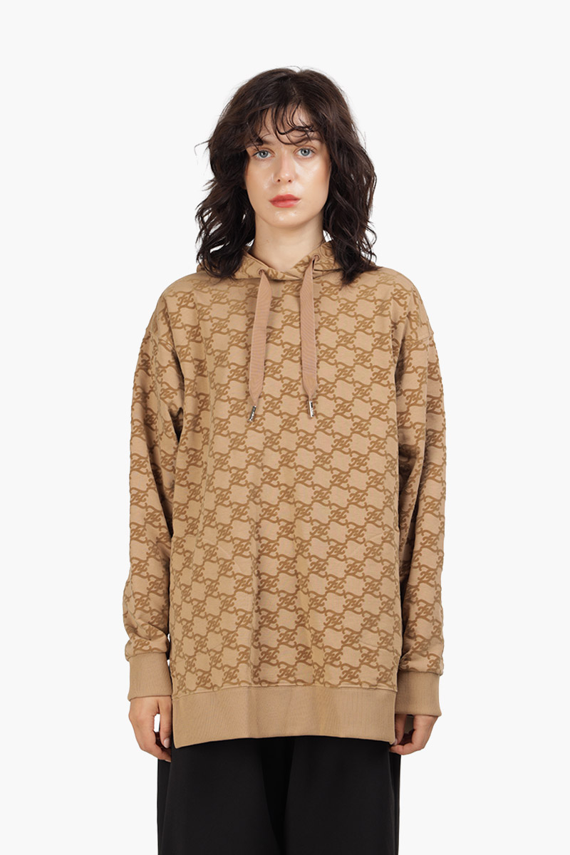 FENDI Women All Over Flocked Karligraphy Oversized Sweatshirt in Beige with Hoodie 0