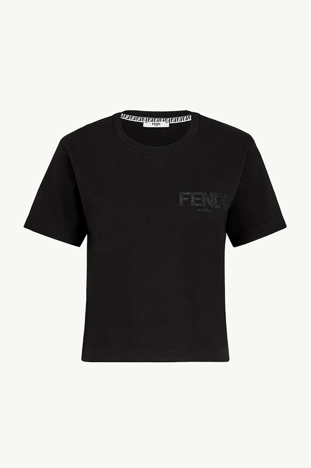 FENDI Women A Jour Embroidered Logo Cropped T-Shirt in Black 0
