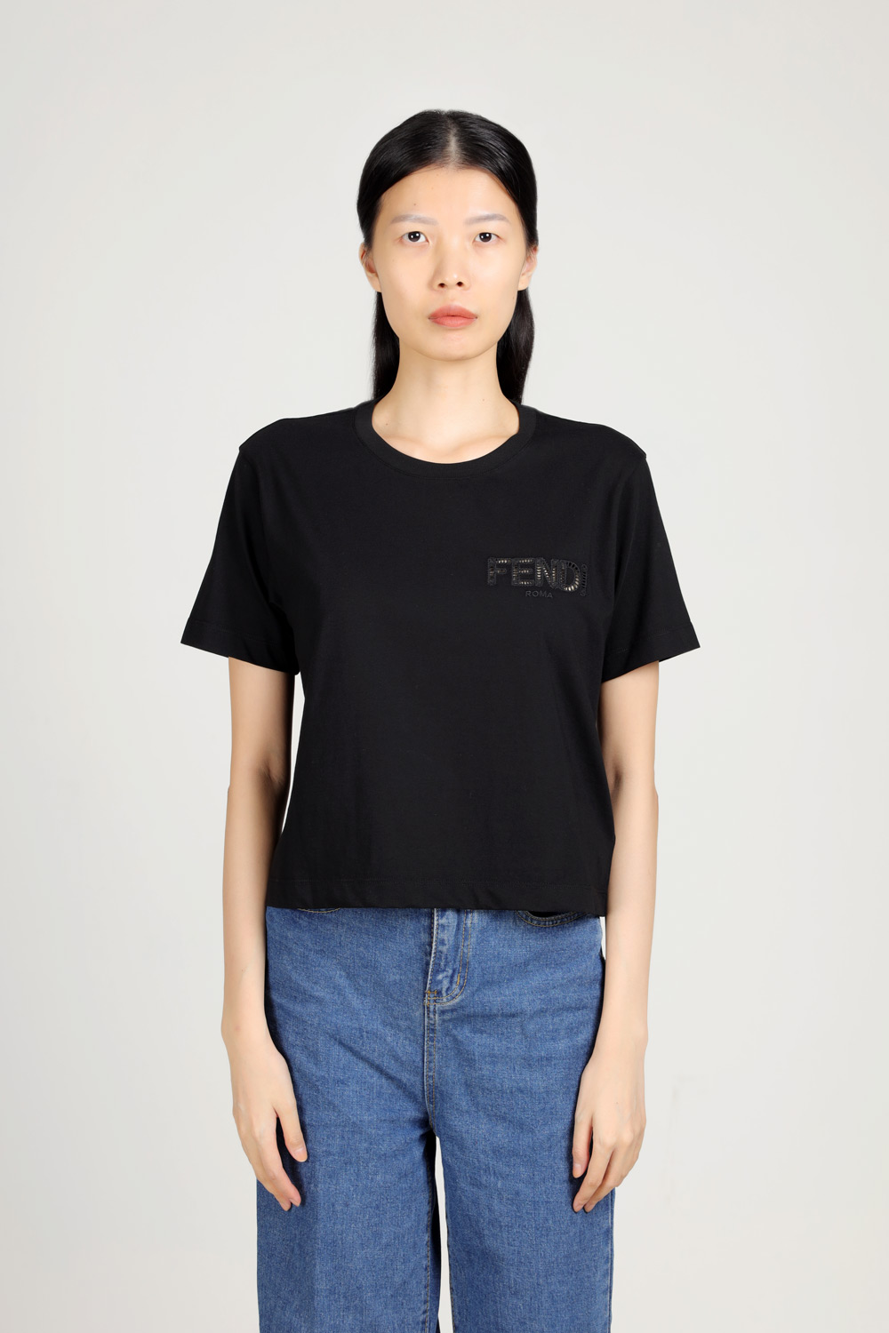 FENDI Women A Jour Embroidered Logo Cropped T-Shirt in Black 1