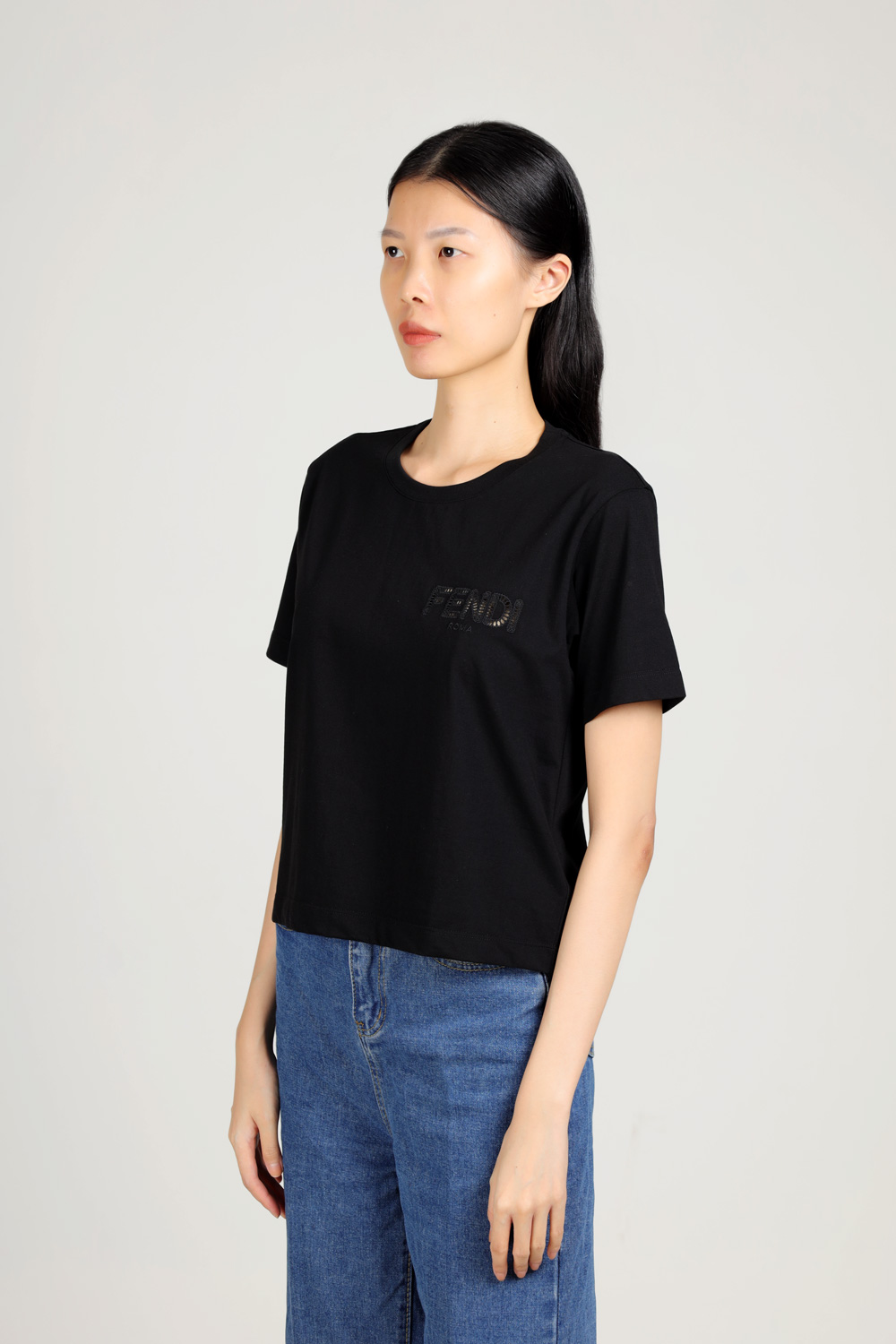 FENDI Women A Jour Embroidered Logo Cropped T-Shirt in Black 3