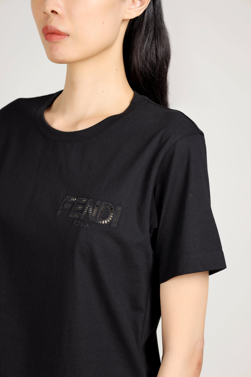 FENDI Women A Jour Embroidered Logo Cropped T-Shirt in Black 4