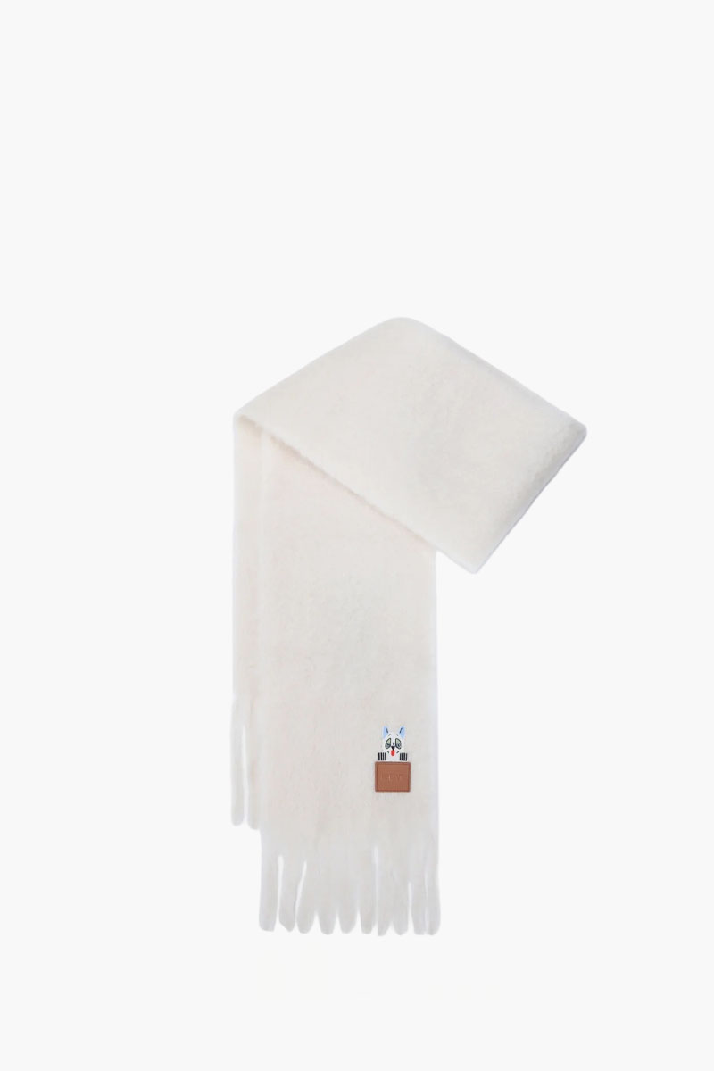 LOEWE Mohair and Wool Scraf in White with Embossed Futurist Cat  0