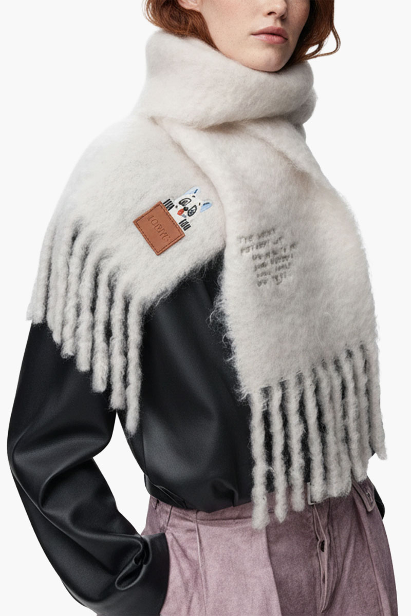 LOEWE Mohair and Wool Scraf in White with Embossed Futurist Cat  2