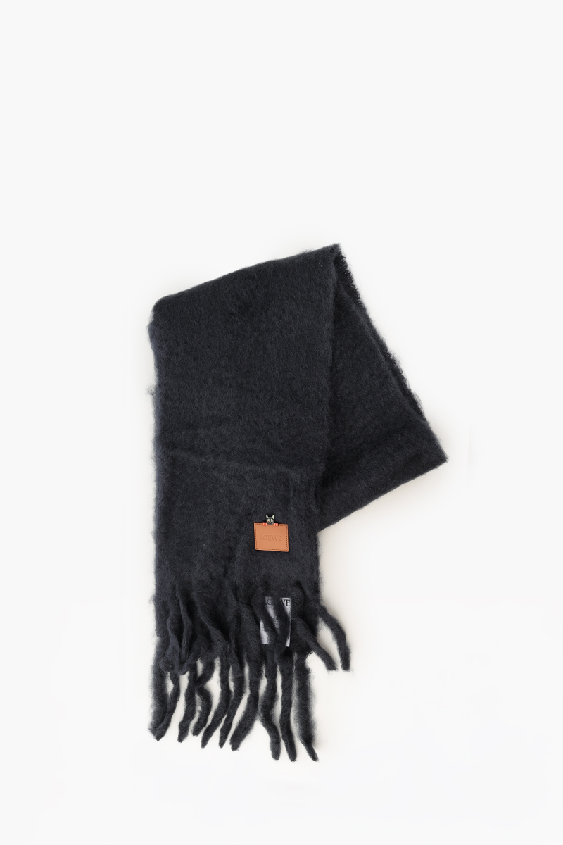 LOEWE Mohain and Wool Scraf in Black with Enamel and Brass Futursit Cat Brooch 0