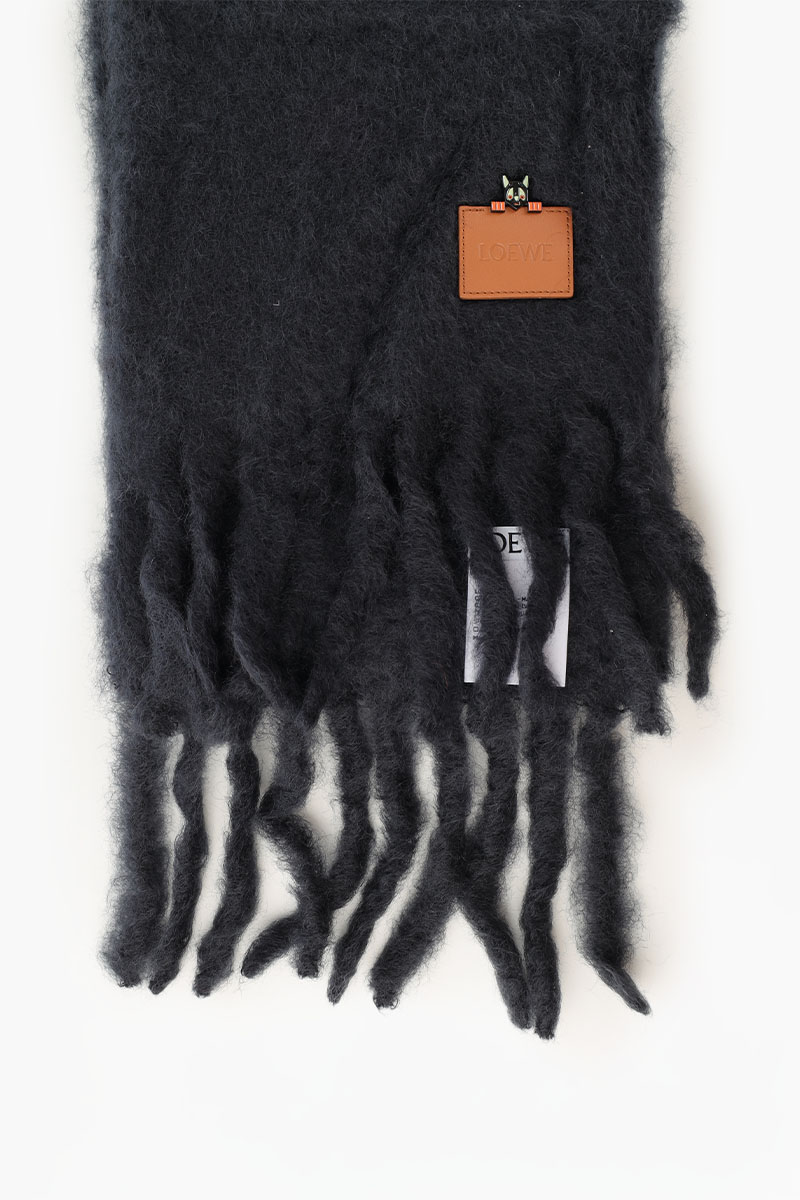 LOEWE Mohain and Wool Scraf in Black with Enamel and Brass Futursit Cat Brooch 1