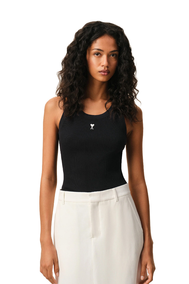 AMI Women Ami De Coeur Ribbed Tank Top in Black/White Cream Cotton 1