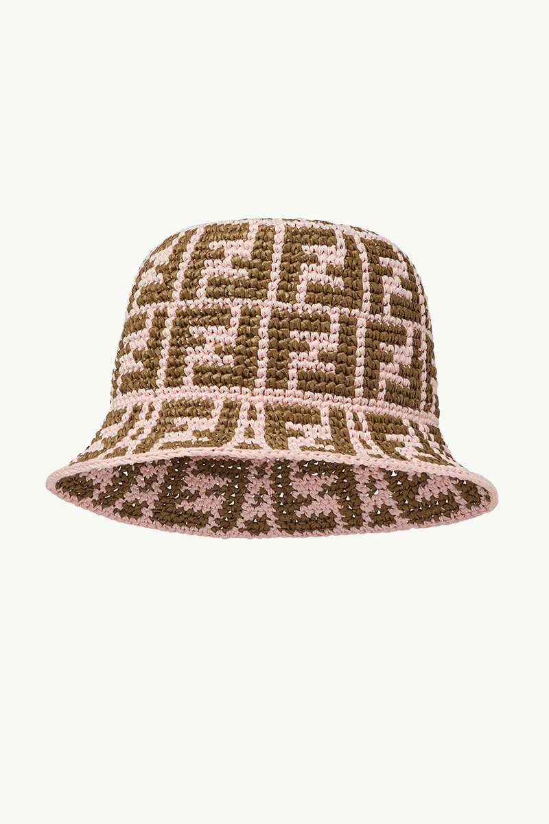 FENDI All Over FF Logo Bucket Hat in Pink/Green Raffia 0