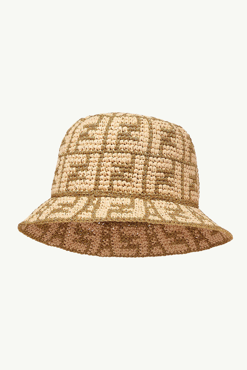 FENDI All Over FF Logo Bucket Hat in Natural/Gold Raffia 0