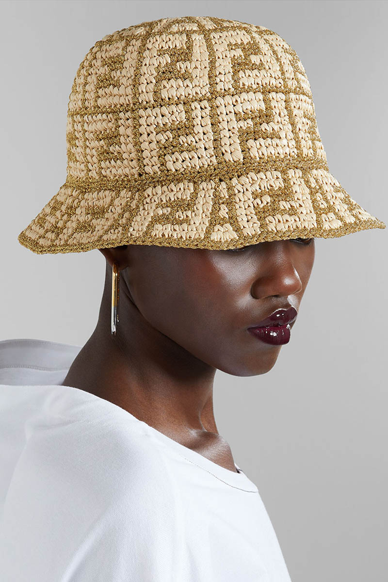 FENDI All Over FF Logo Bucket Hat in Natural/Gold Raffia 3