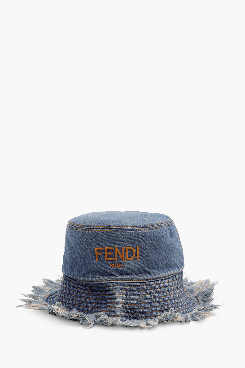 FENDI Logo Bucket Hat in Blue Denim with Fringed Edge 0