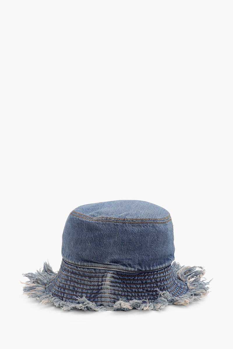 FENDI Logo Bucket Hat in Blue Denim with Fringed Edge 1