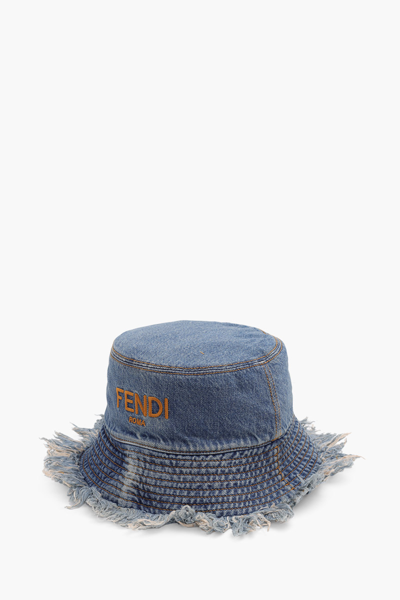 FENDI Logo Bucket Hat in Blue Denim with Fringed Edge 2