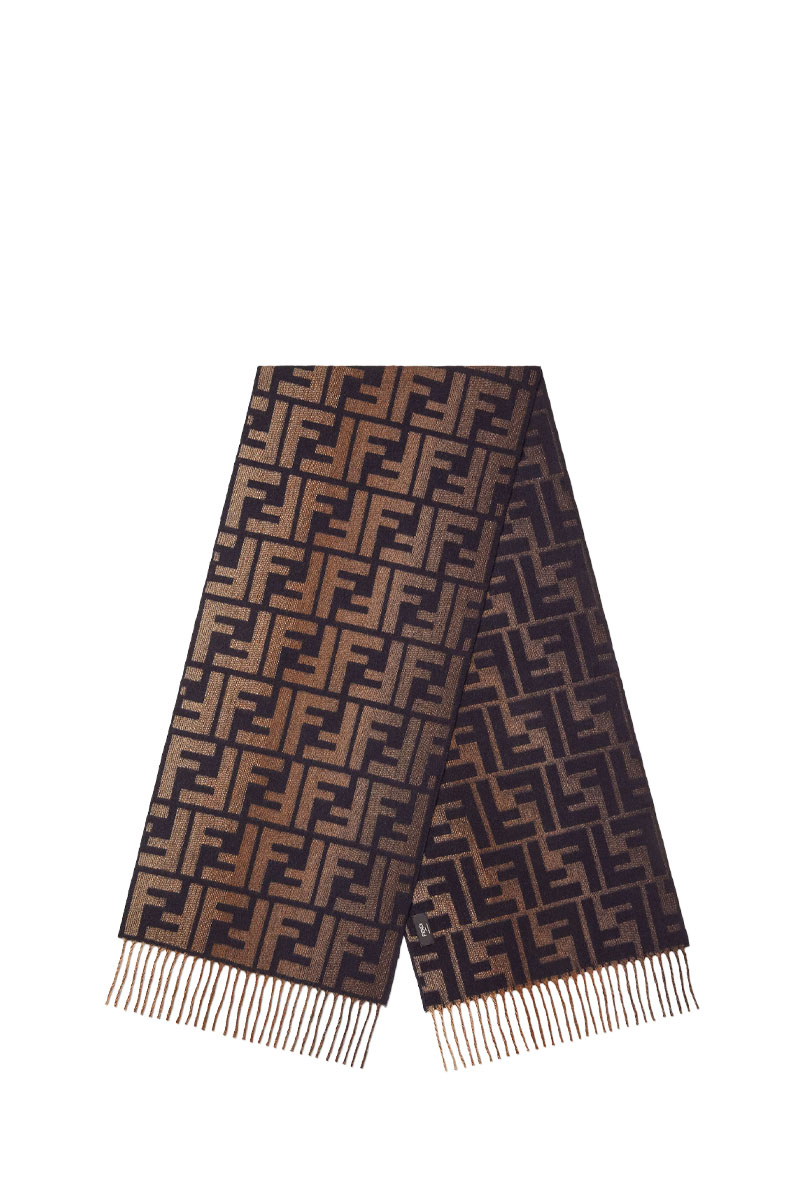 FENDI FF Jacquard Scraf in Brown/Blue Wool Cashmere 0