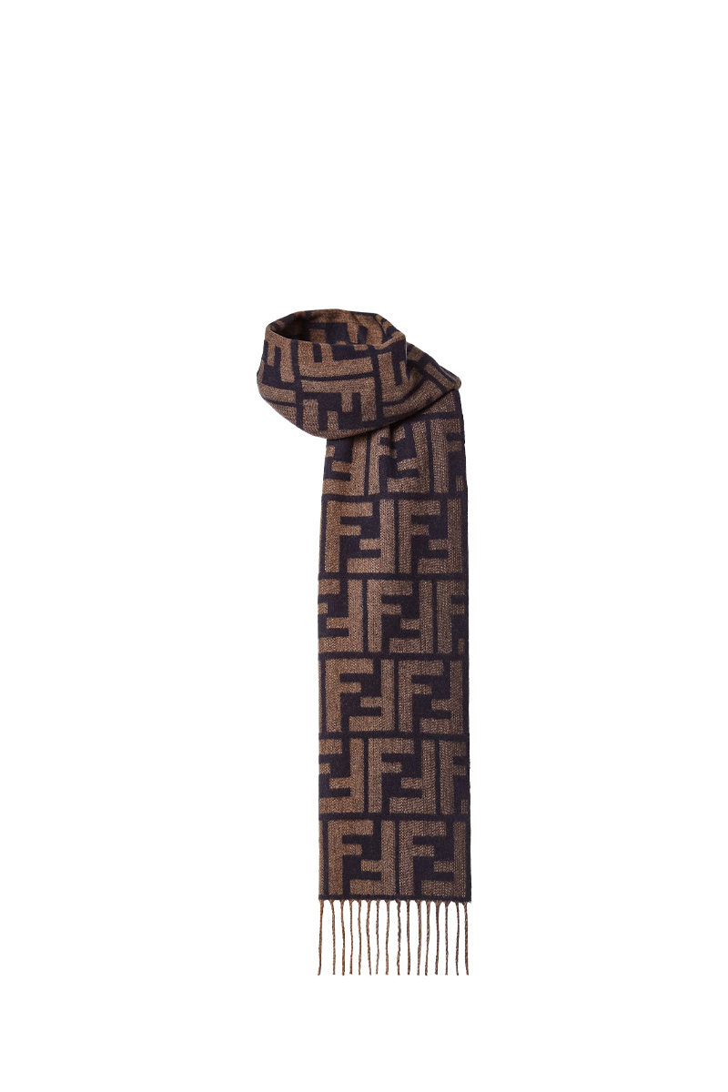 FENDI FF Jacquard Scraf in Brown/Blue Wool Cashmere 1