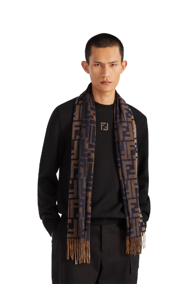 FENDI FF Jacquard Scraf in Brown/Blue Wool Cashmere 2