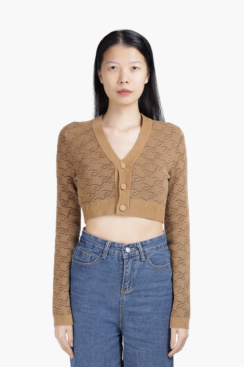 FENDI Women FF Karligraphy V Neck Cropped Cardigan in Beige Velvet 0
