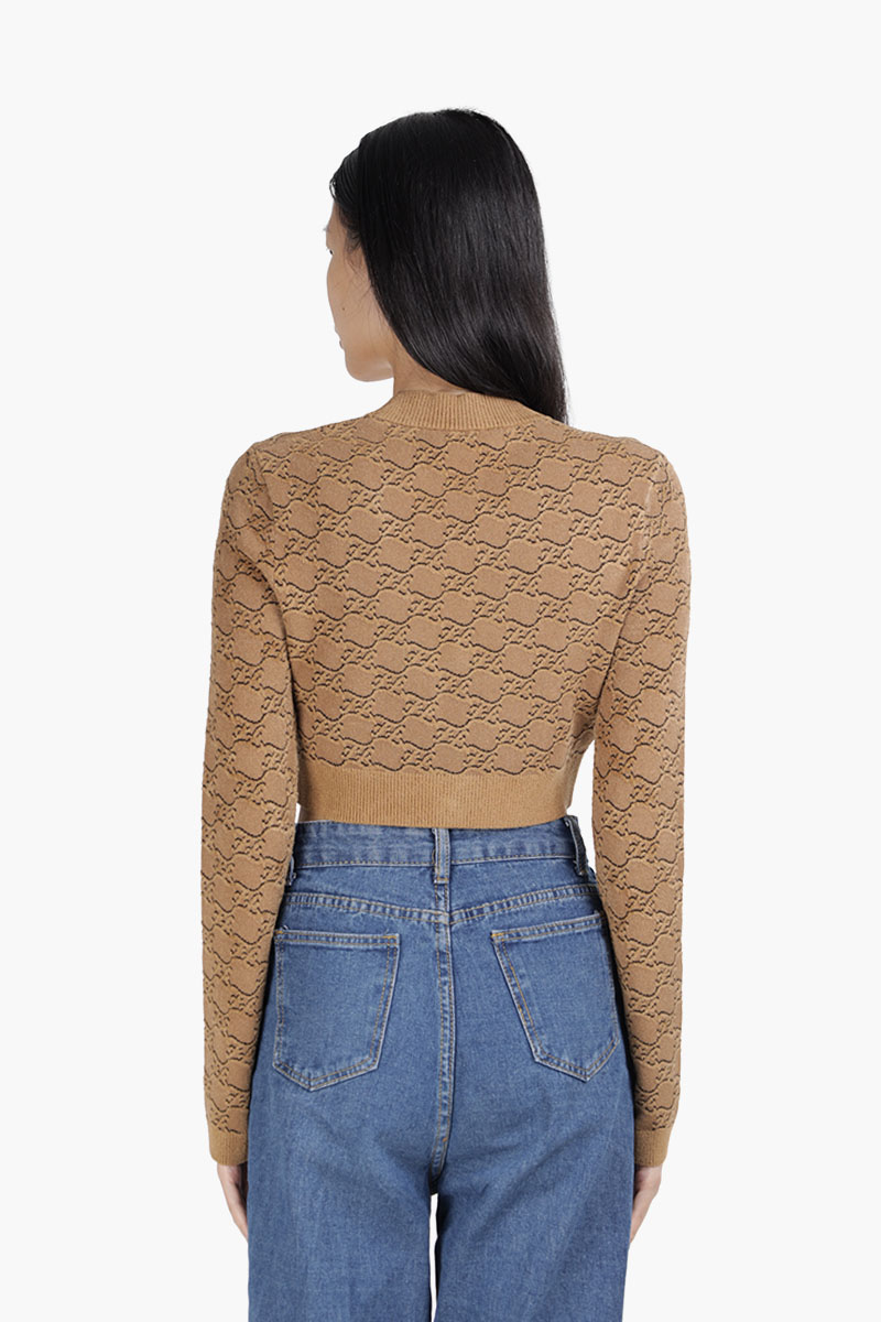 FENDI Women FF Karligraphy V Neck Cropped Cardigan in Beige Velvet 1