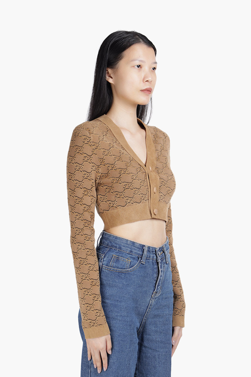 FENDI Women FF Karligraphy V Neck Cropped Cardigan in Beige Velvet 2