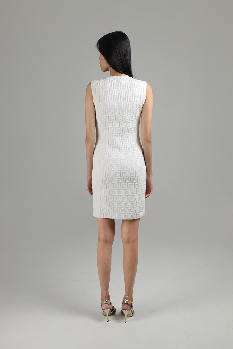 FENDI Women FF Embossed Sleeveless Knit Dress in White Viscose 1