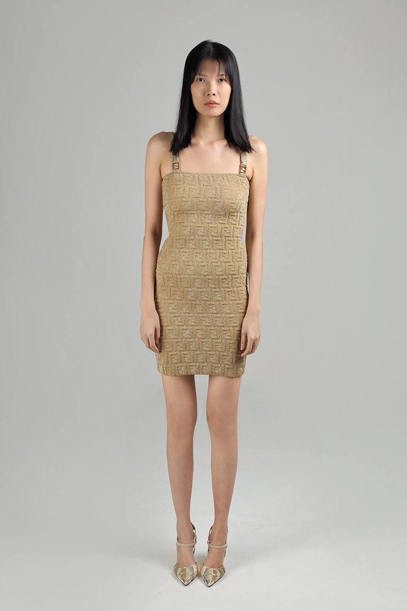 FENDI Women All-Over Embossed FF Motif Sleeveless Mini Dress in Gold 0