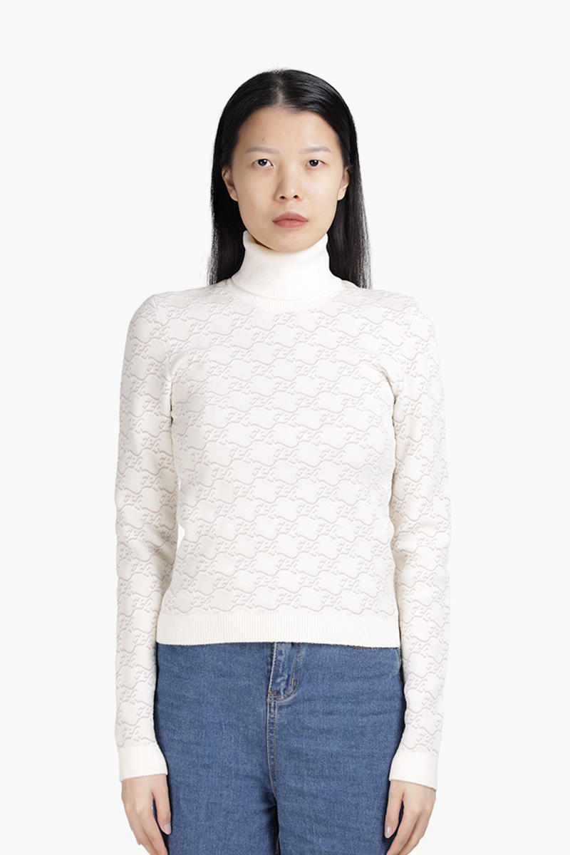 FENDI Women FF Karligraphy Turtleneck Sweater in White/Grey Velvet 0