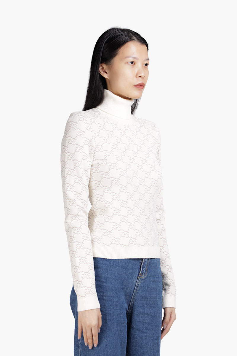 FENDI Women FF Karligraphy Turtleneck Sweater in White/Grey Velvet 2