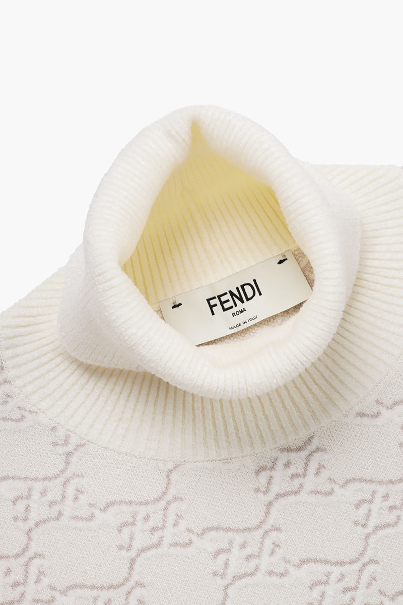 FENDI Women FF Karligraphy Turtleneck Sweater in White/Grey Velvet 3