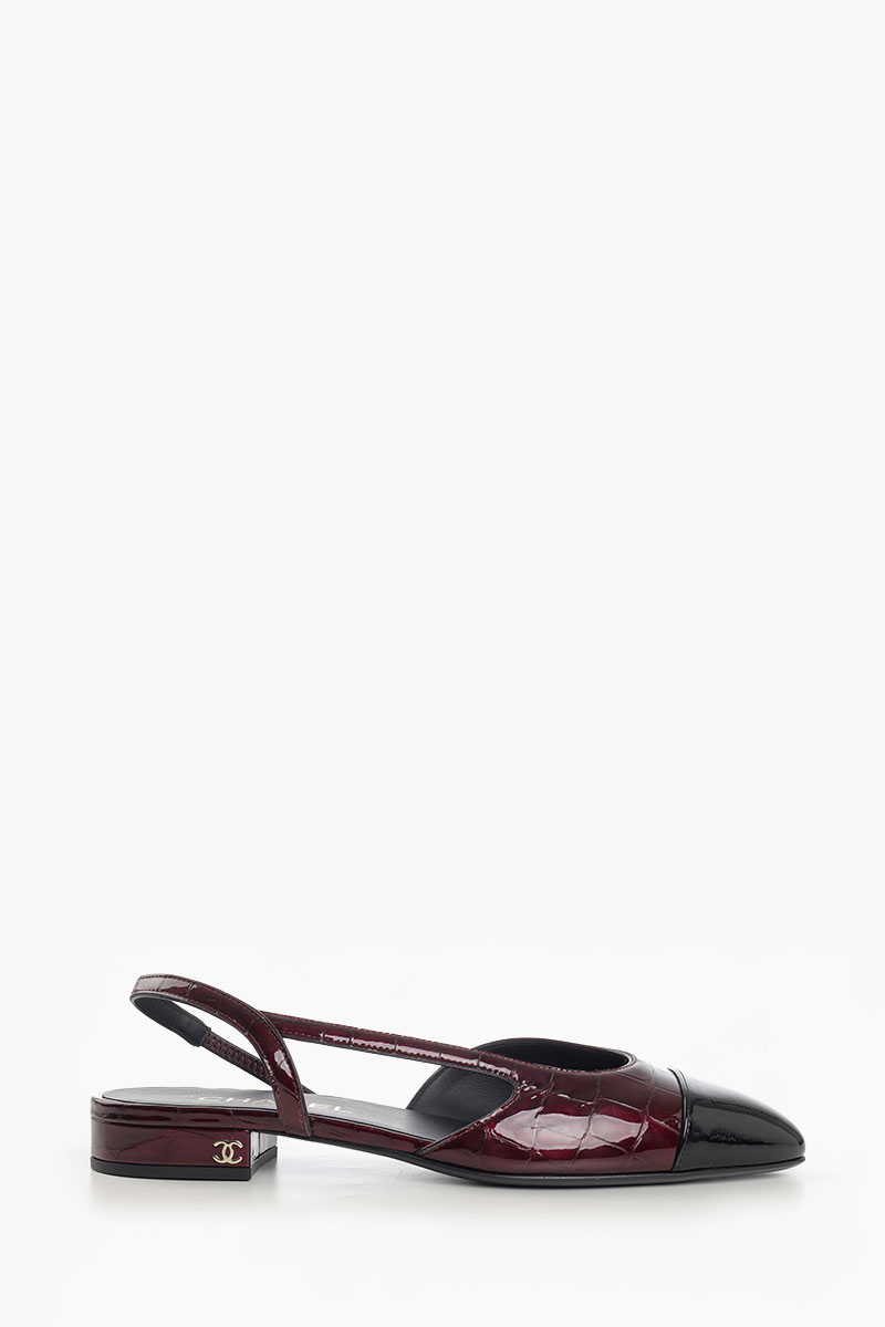 CHANEL Women Croc Embossed Slingback Flat in Dark Burgundy/Black Calfskin 0