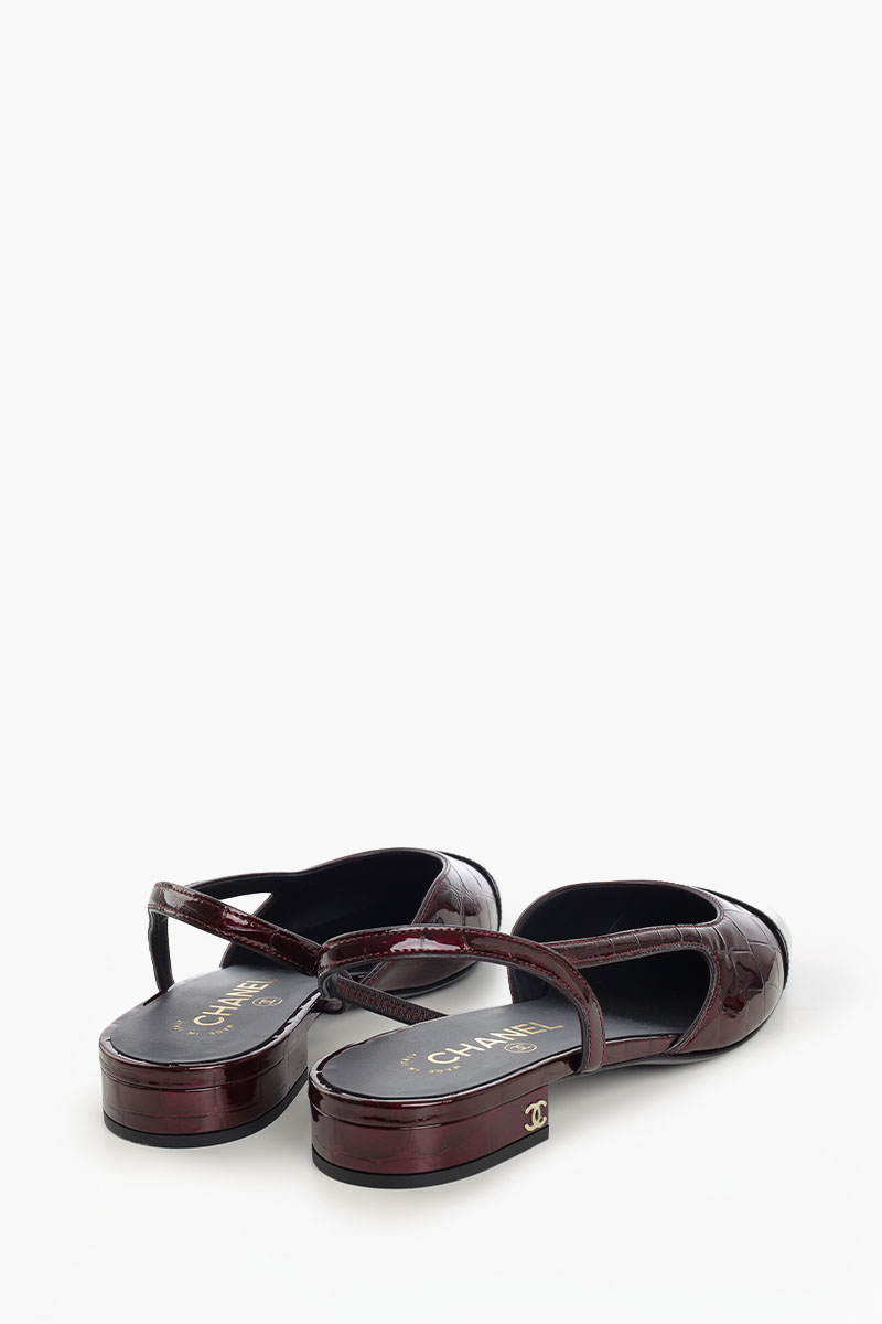 CHANEL Women Croc Embossed Slingback Flat in Dark Burgundy/Black Calfskin 1
