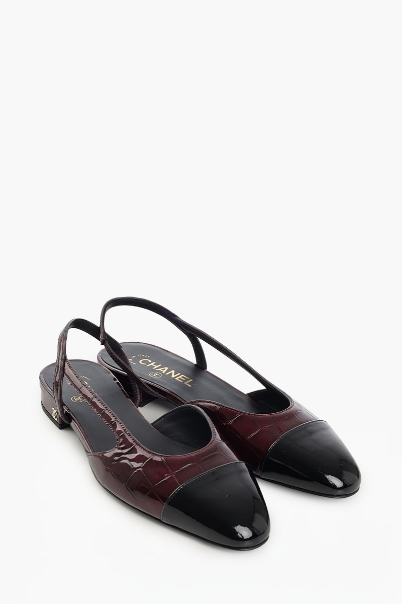 CHANEL Women Croc Embossed Slingback Flat in Dark Burgundy/Black Calfskin 2