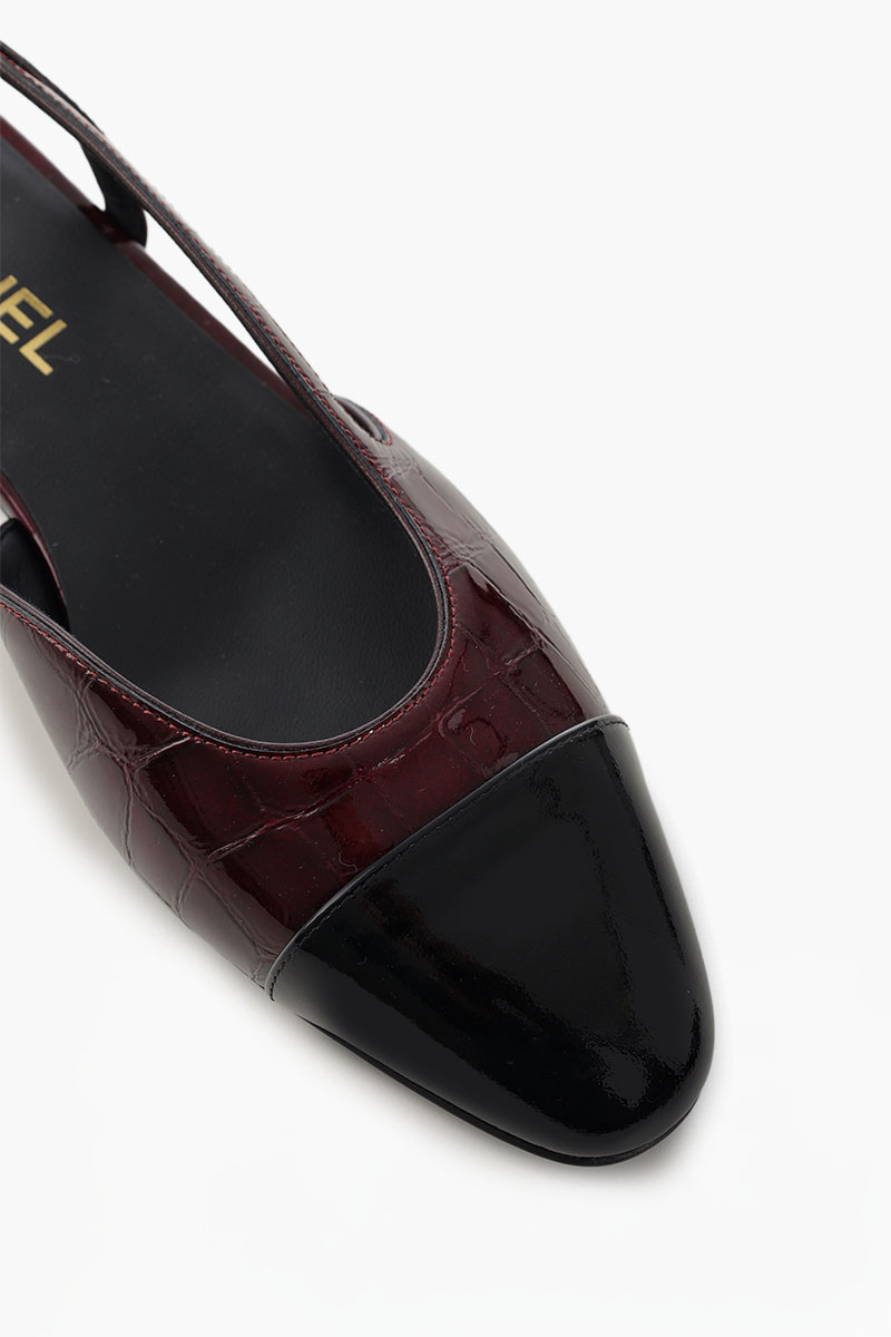 CHANEL Women Croc Embossed Slingback Flat in Dark Burgundy/Black Calfskin 3