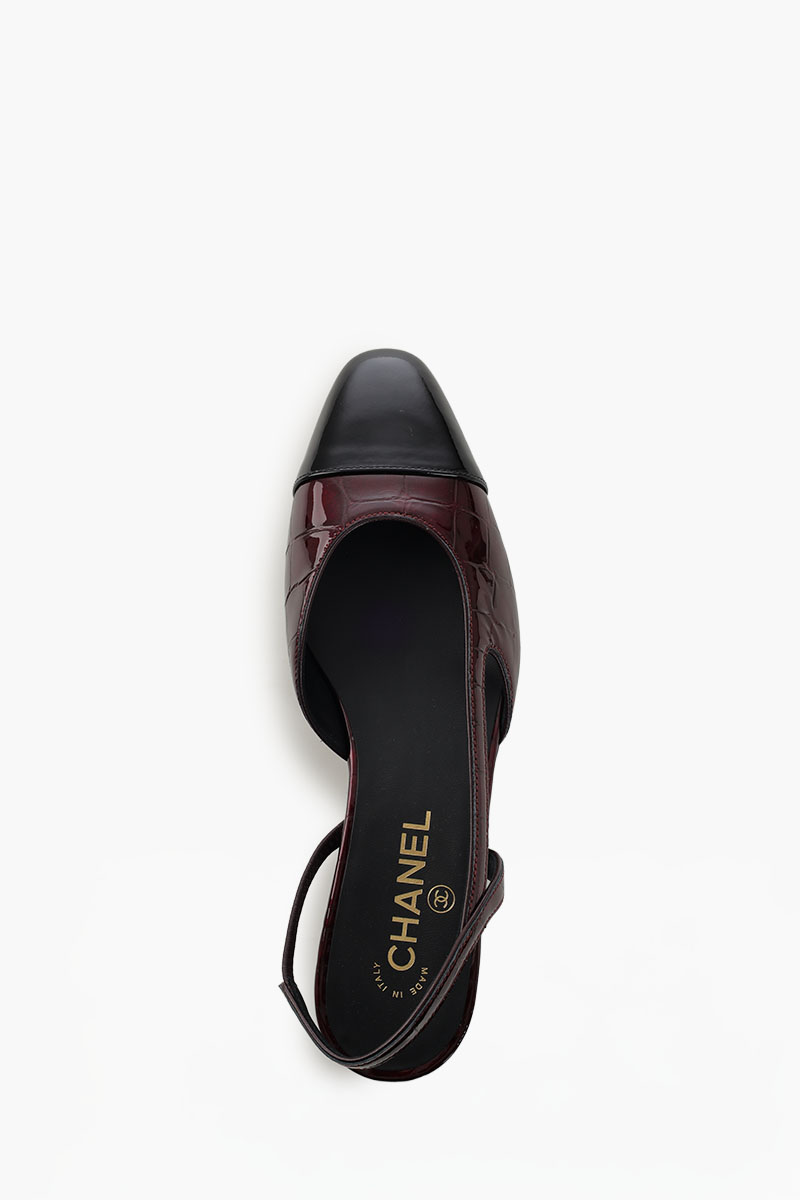 CHANEL Women Croc Embossed Slingback Flat in Dark Burgundy/Black Calfskin 4
