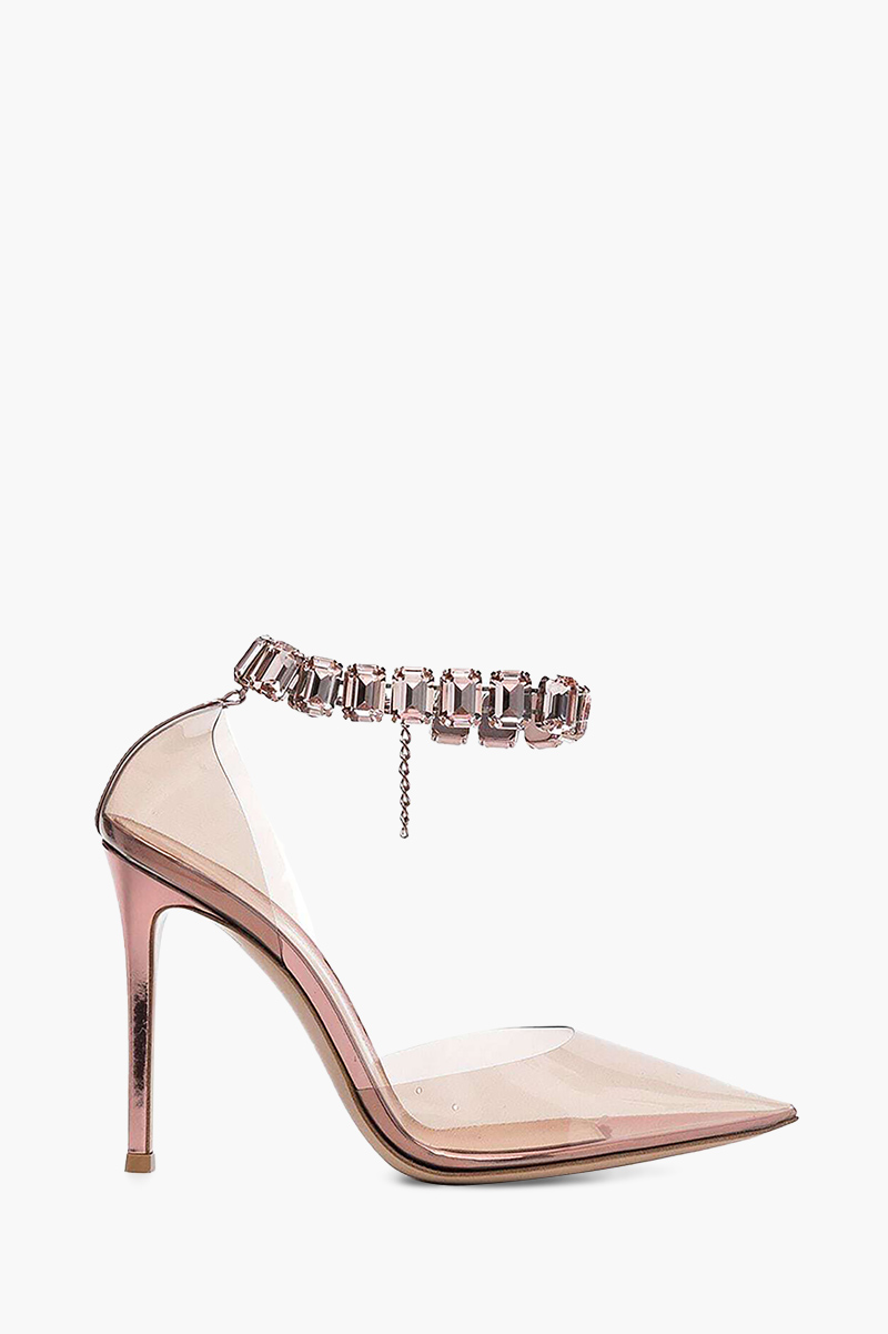 GIANVITO ROSSI Women Plexi Ankle Strap Pumps 105mm in Peach with Crystals 0