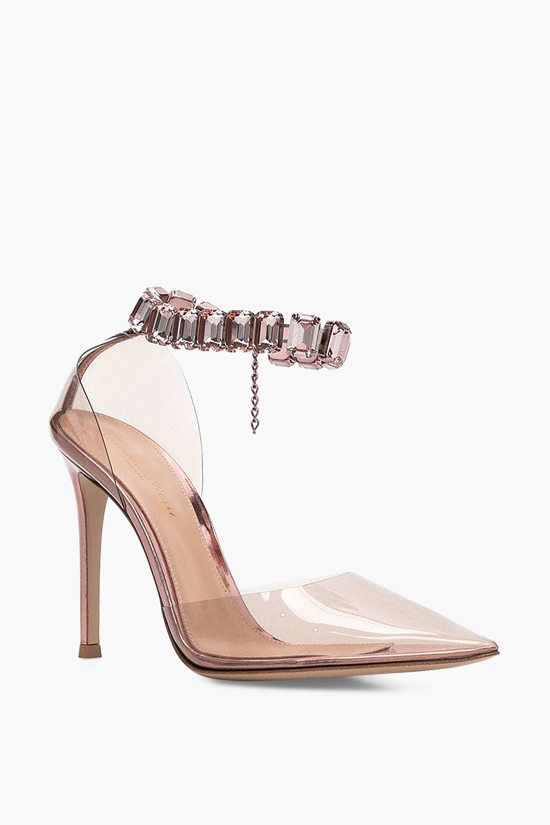 GIANVITO ROSSI Women Plexi Ankle Strap Pumps 105mm in Peach with Crystals 1