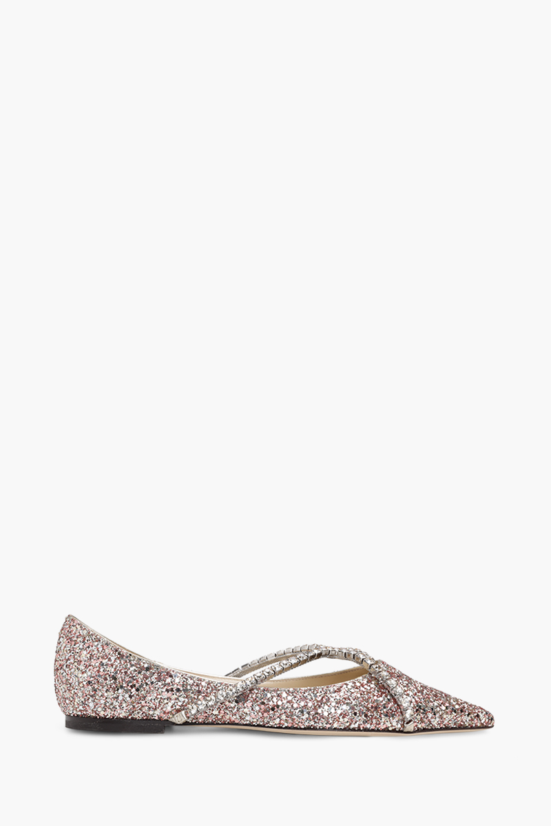 JIMMY CHOO Genevi Pointed-Toe Flat in Rose Coarse Glitter Fabric with Crystal Chain 0