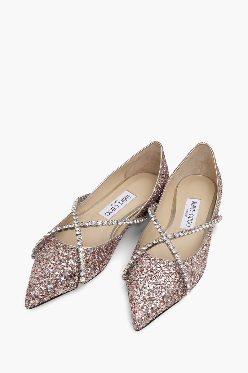 JIMMY CHOO Genevi Pointed-Toe Flat in Rose Coarse Glitter Fabric with Crystal Chain 1