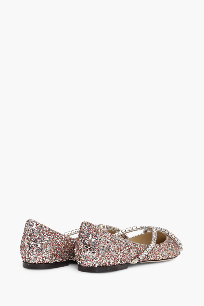 JIMMY CHOO Genevi Pointed-Toe Flat in Rose Coarse Glitter Fabric with Crystal Chain 2