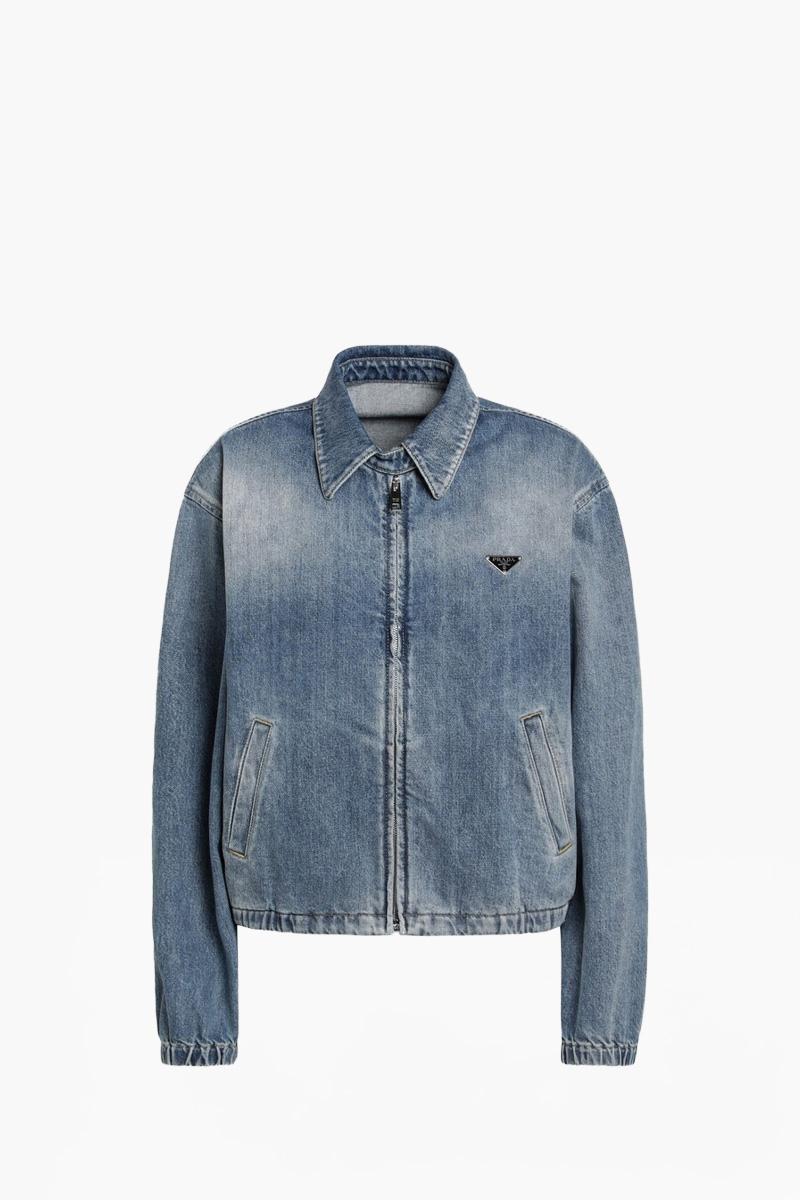 PRADA Women Triangle Logo Denim Jacket in Light Blue Cotton 0