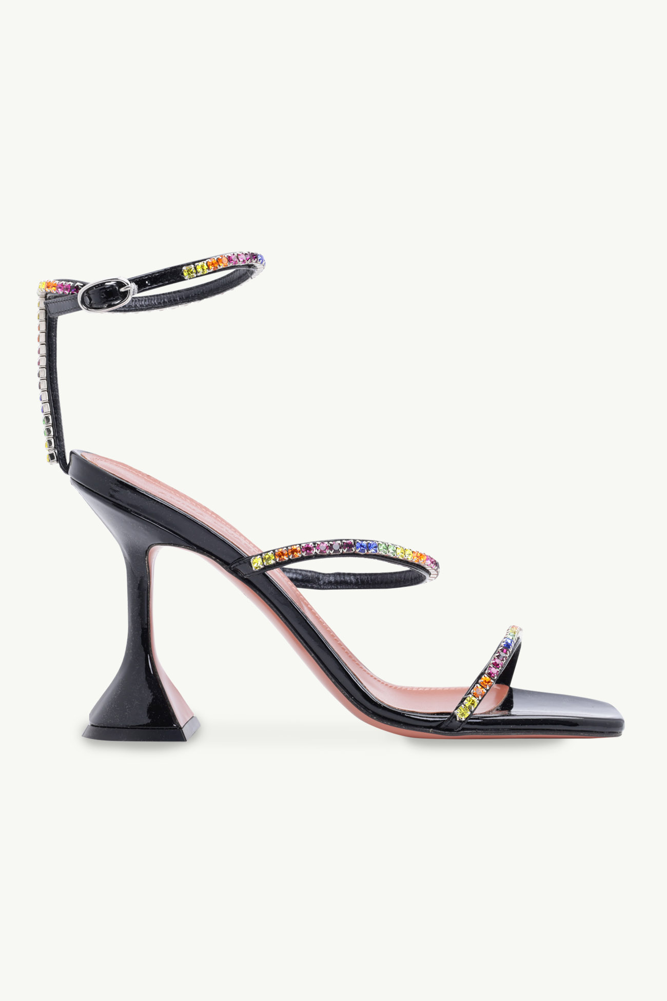 AMINA MUADDI Women Gilda Ankle Strap Sandlas 95mm in Black Patent with Multicolor Crystals 0