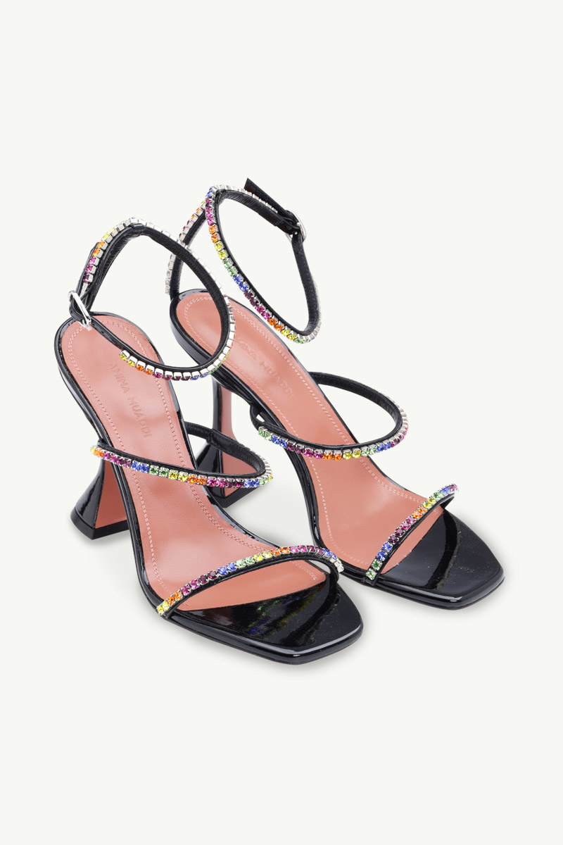 AMINA MUADDI Women Gilda Ankle Strap Sandlas 95mm in Black Patent with Multicolor Crystals 1