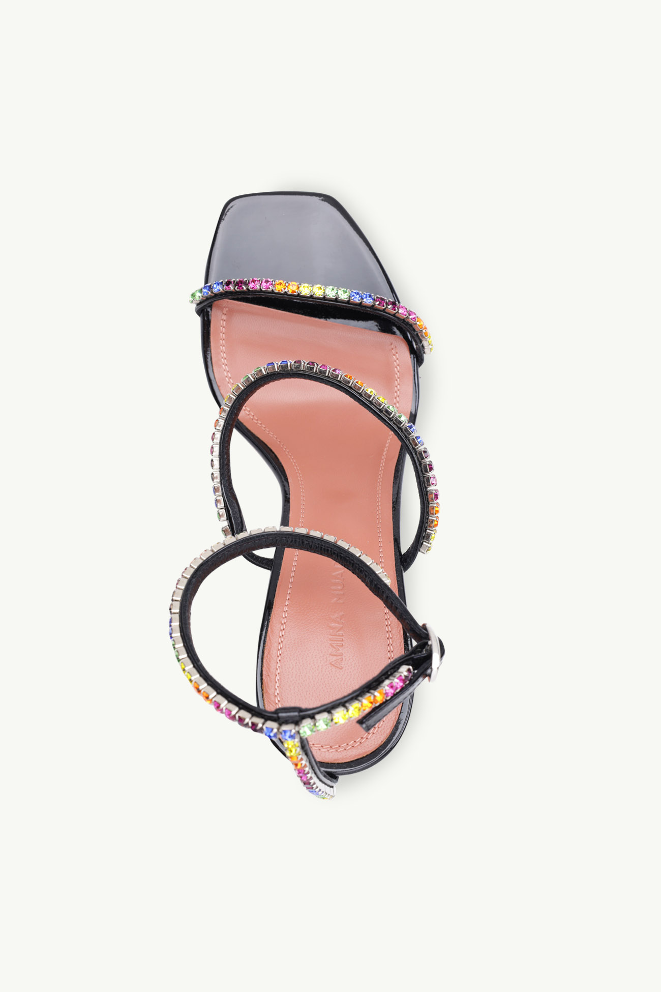 AMINA MUADDI Women Gilda Ankle Strap Sandlas 95mm in Black Patent with Multicolor Crystals 3