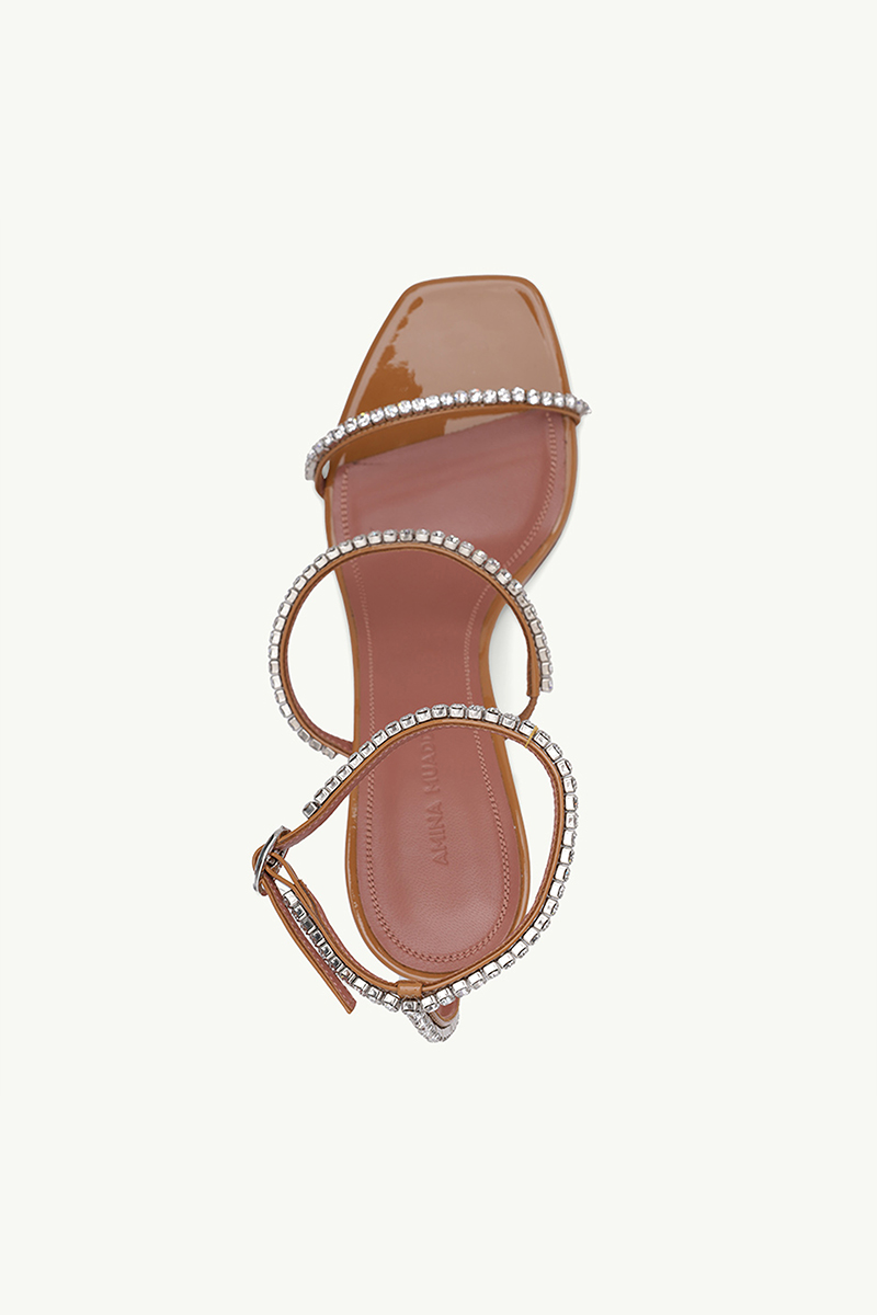 AMINA MUADDI Women Gilda Ankle Strap Sandlas 95mm in Honey Patent with Multicolor Crystals 3