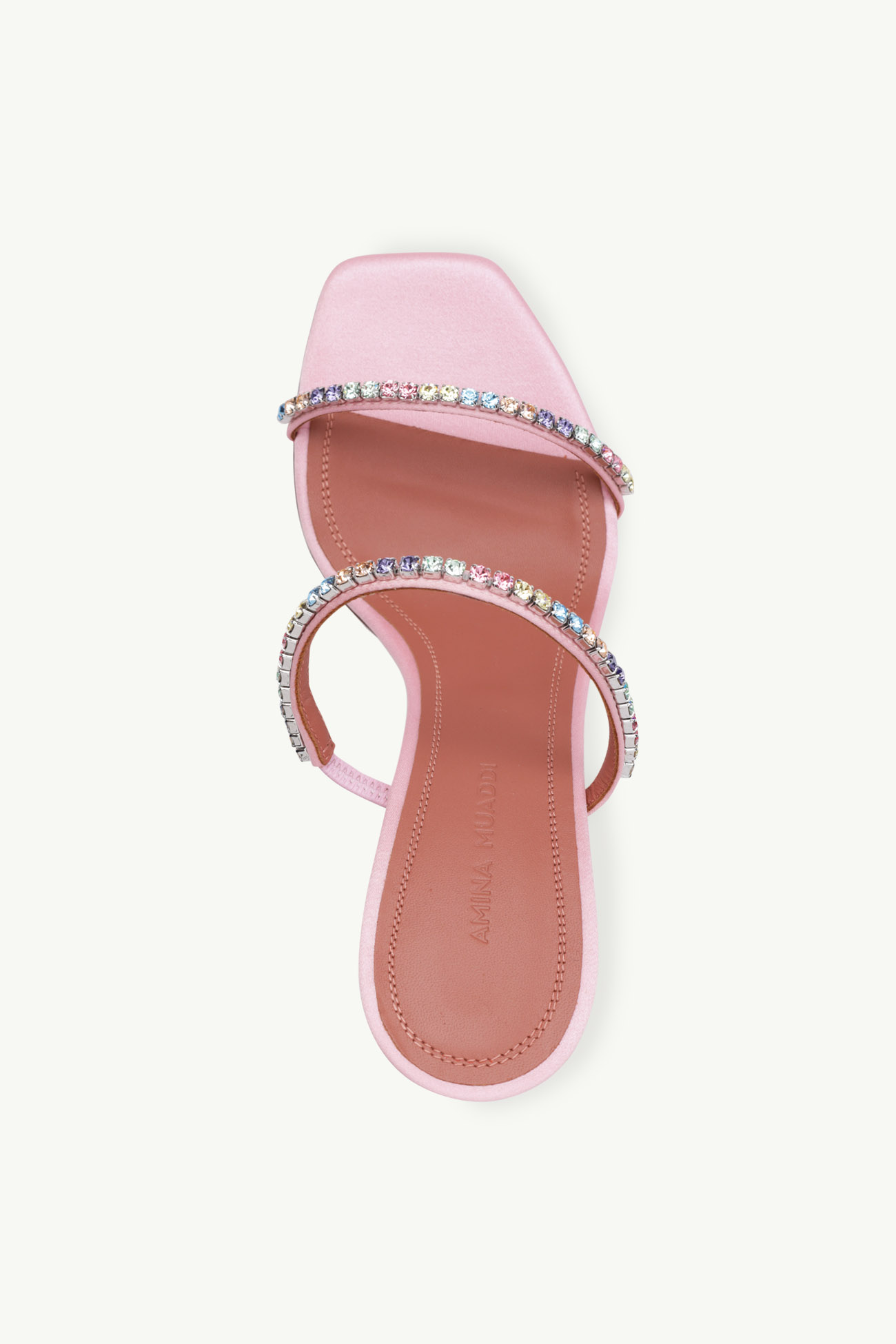 AMINA MUADDI Women Gilda Slipper Sandals 95mm in Light Rose Satin with Multicolor Cyrstals 3