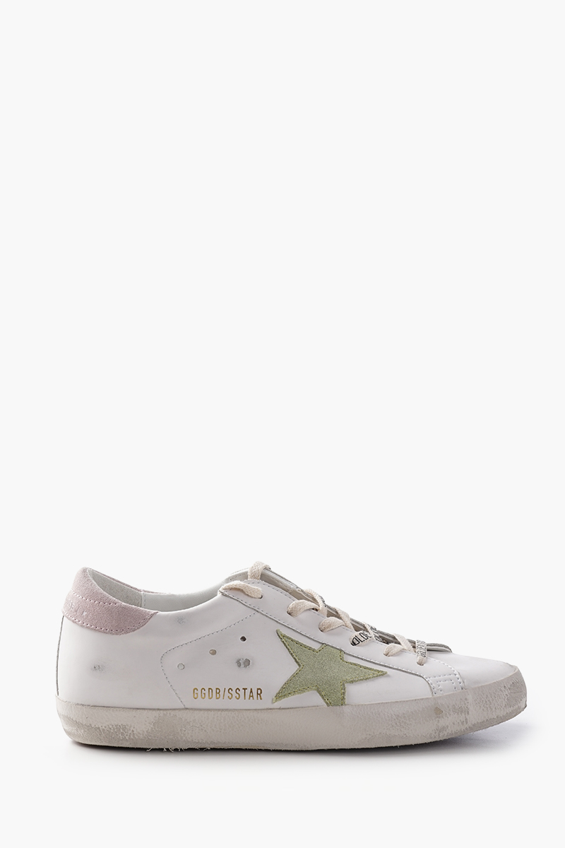 GOLDEN GOOSE Women Super-Star Classic Sneakers in White/Light Green/Antique Calf Leather with List 0