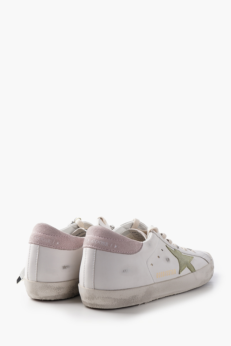 GOLDEN GOOSE Women Super-Star Classic Sneakers in White/Light Green/Antique Calf Leather with List 1