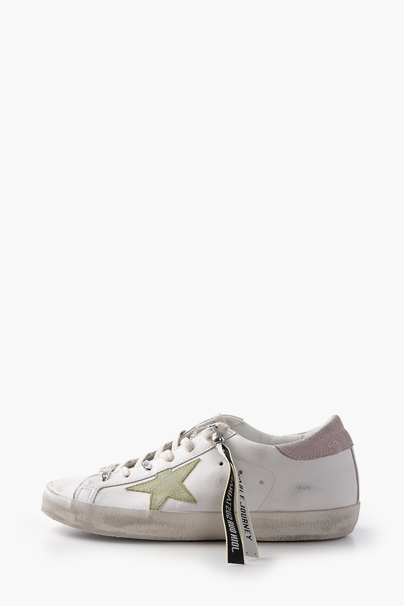 GOLDEN GOOSE Women Super-Star Classic Sneakers in White/Light Green/Antique Calf Leather with List 2