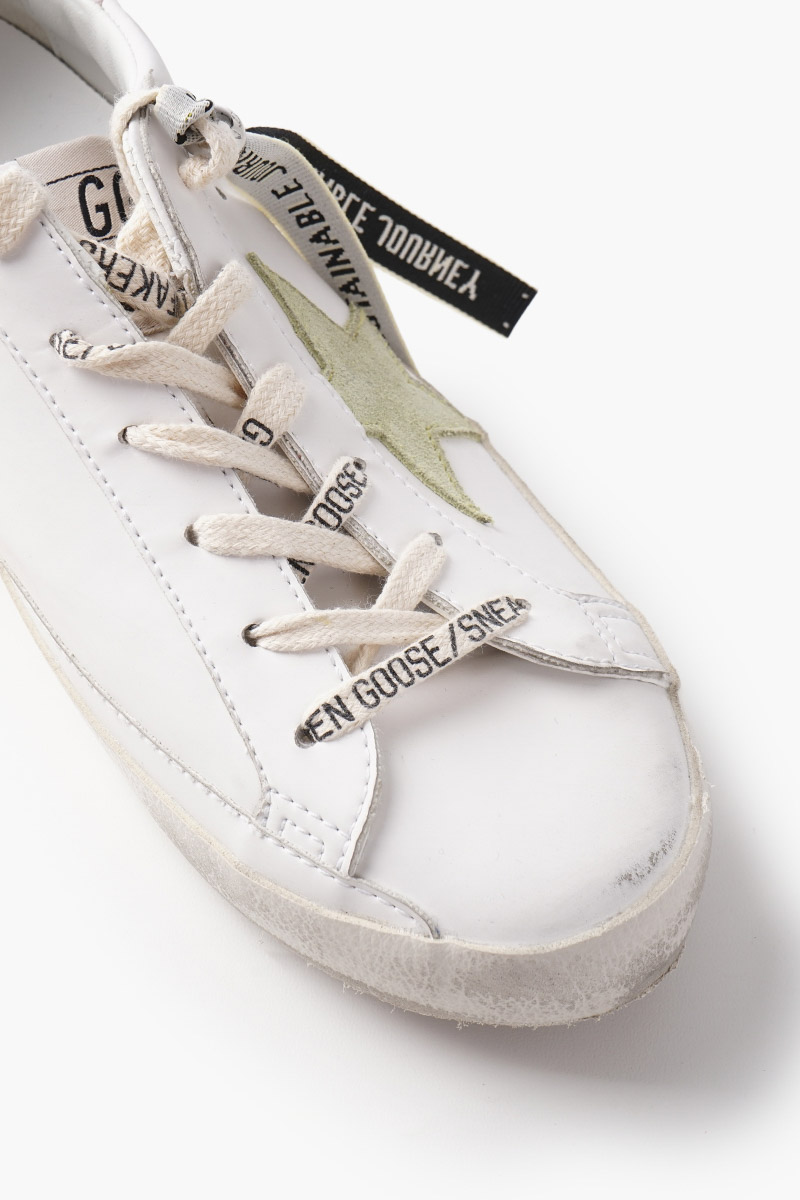 GOLDEN GOOSE Women Super-Star Classic Sneakers in White/Light Green/Antique Calf Leather with List 3