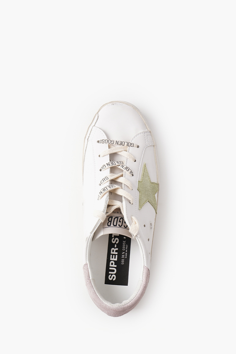 GOLDEN GOOSE Women Super-Star Classic Sneakers in White/Light Green/Antique Calf Leather with List 4